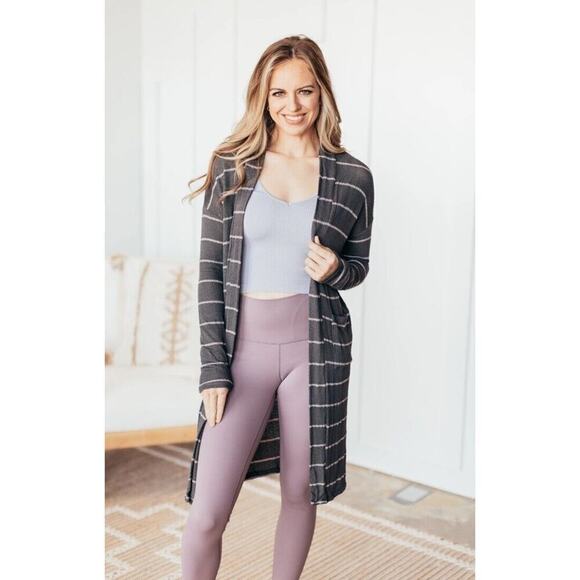 Anthropologie Talulah Long Duster Cardigan Women S Gray Striped Knit Pockets - Picture 1 of 15